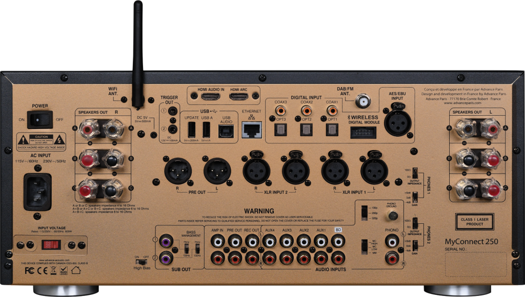 The Advance Paris MyConnect 250 is an audiophile “All-in-One” with a double toroidal transformer for power supply and many features such as streaming, CD, FM / DAB radio. rear image