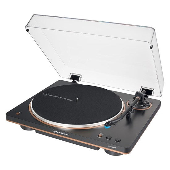 Audio Technica AT LP70XBT Automatic Bluetooth Turntable in Black and Bronze, angled with dustcover open