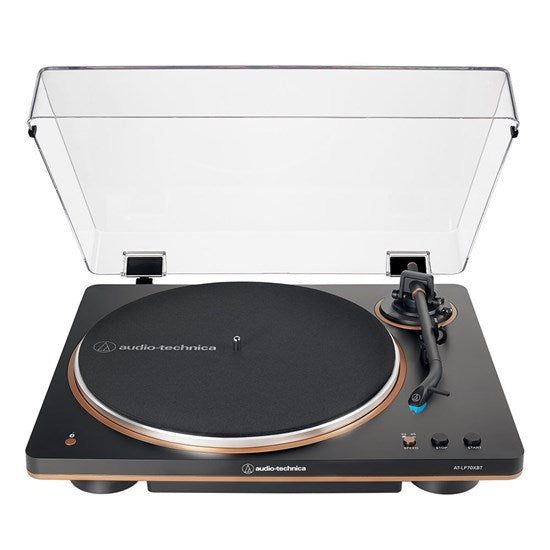 Audio Technica AT LP70XBT Automatic Bluetooth Turntable in Black and Bronze, front with dustcover open