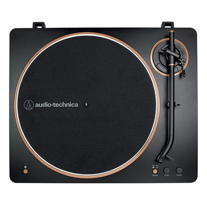 Audio Technica AT LP70XBT Automatic Bluetooth Turntable in Black and Bronze, overhead view