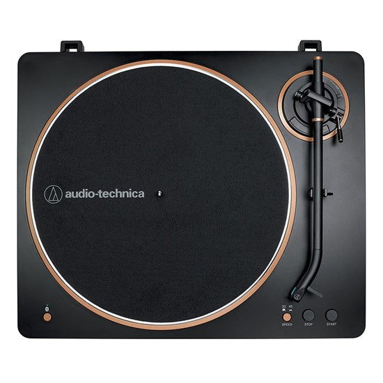 Audio Technica AT LP70XBT Automatic Bluetooth Turntable in Black and Bronze, overhead view