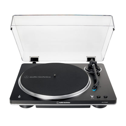 Audio Technica AT LP70XBT BS Automatic Bluetooth Turntable in Black and Silver, front with dustcover open