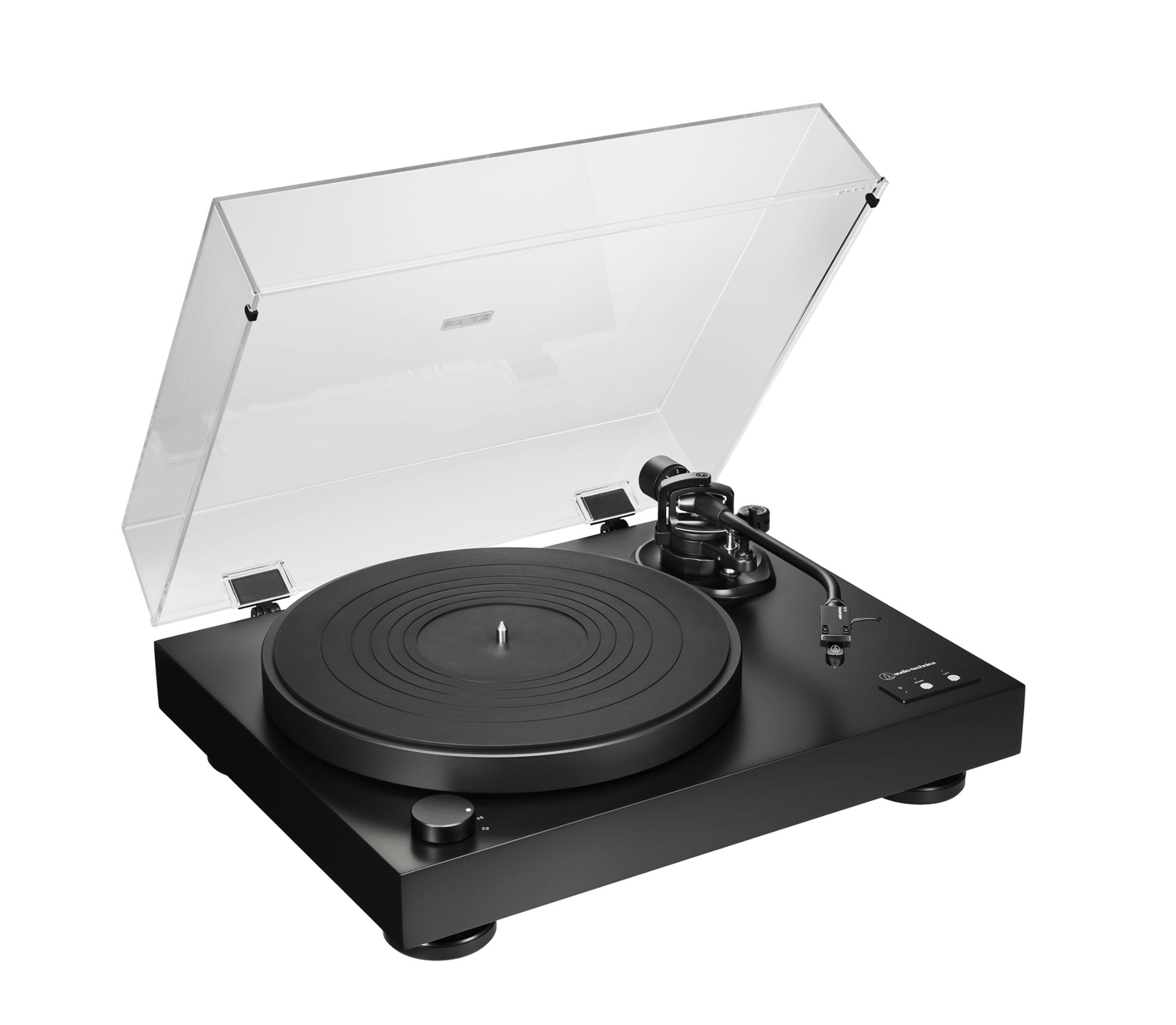 Audio Technica AT-LP8X Semi Automatic Direct Drive Turntable, angled view with dustcover open