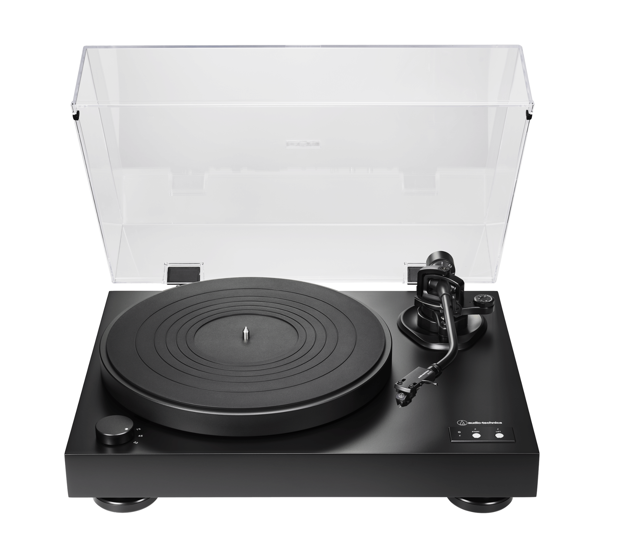 Audio Technica AT-LP8X Semi Automatic Direct Drive Turntable, front view with dustcover open