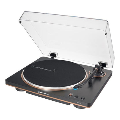 Audio Technica AT LP70X BZ Automatic Turntable, angled, dustcover