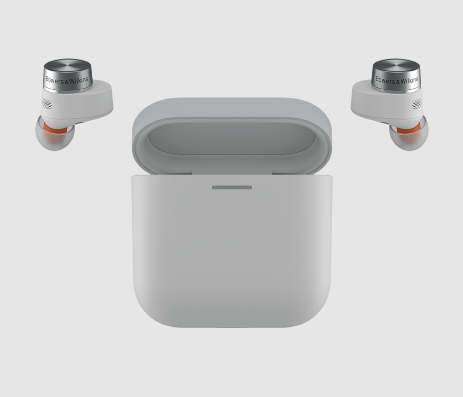 B&W Pi5 S2 Wireless Earbuds in Could Gray. Image with case