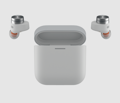 B&W Pi5 S2 Wireless Earbuds in Could Gray. Image with case