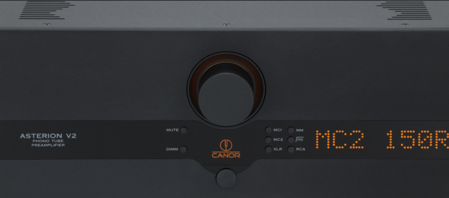 Canor Asterion V2 Tube Phono Preamplifier in black.  Front image