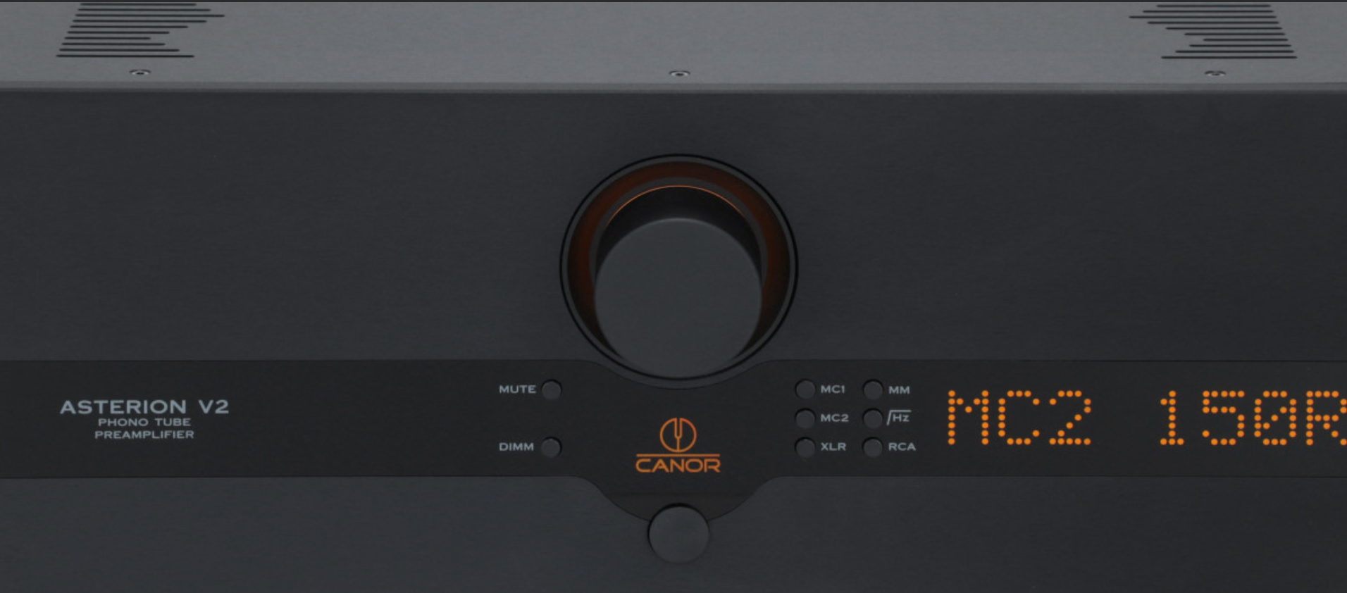 Canor Asterion V2 Tube Phono Preamplifier in black.  Front image