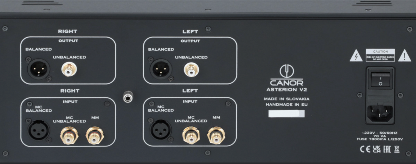 Canor Asterion V2 Tube Phono Preamplifier in black.  Back image