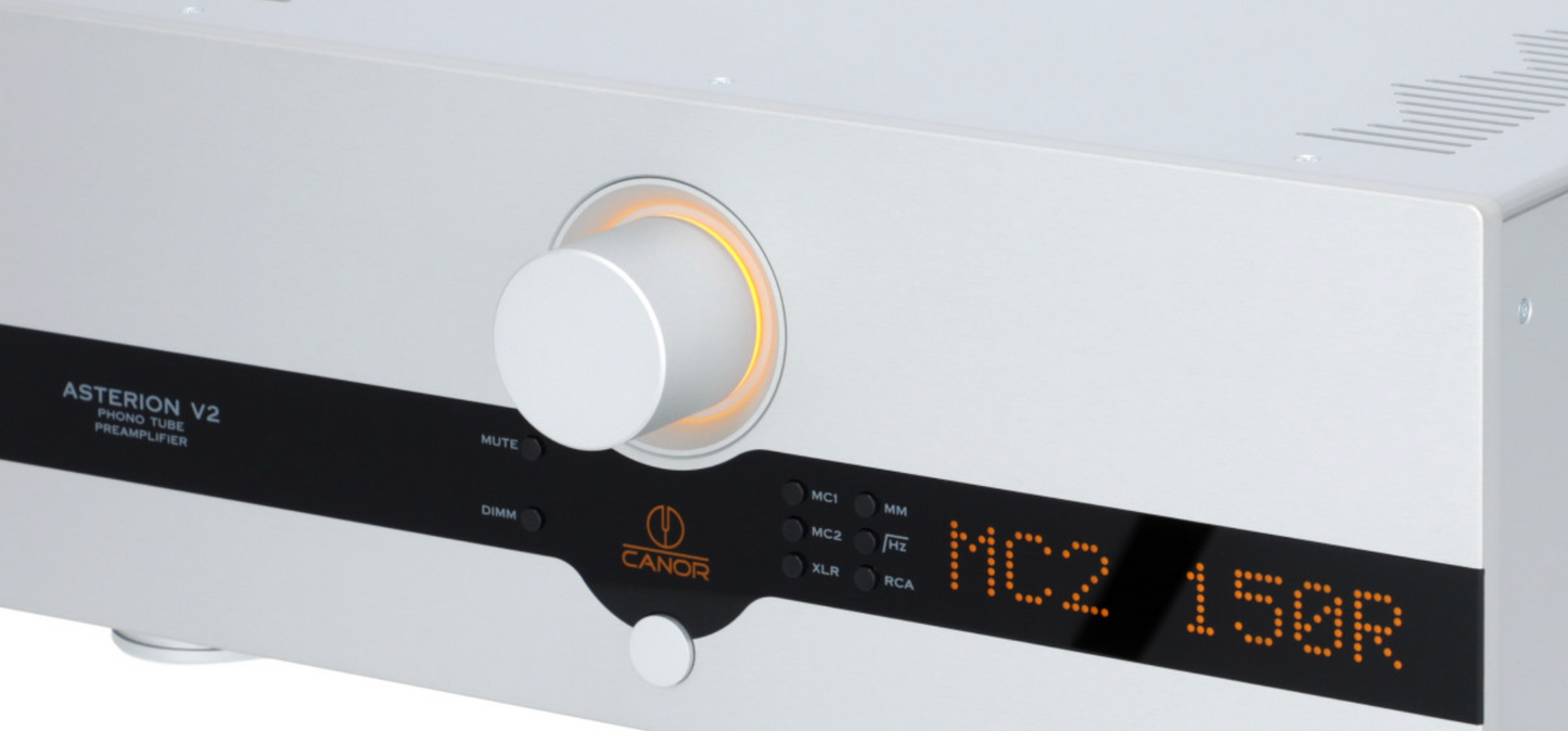 Canor Asterion V2 Tube Phono Preamplifier in white.  Angled image