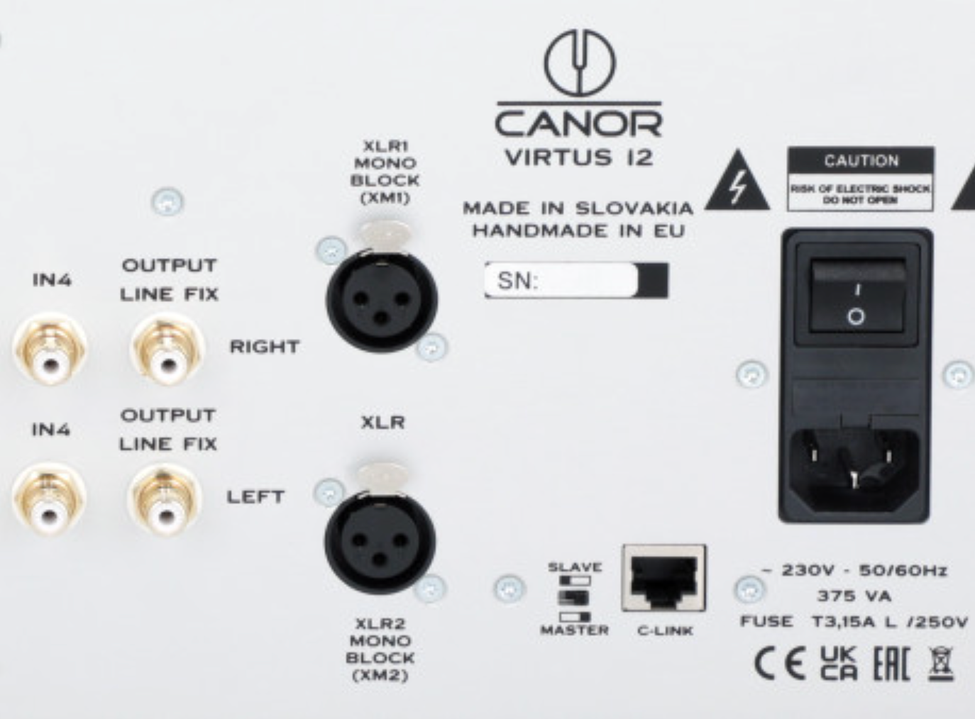 Canor Virtus I2 Integrated Tube Amplifier in Silver, back of unit shows monoblock connection