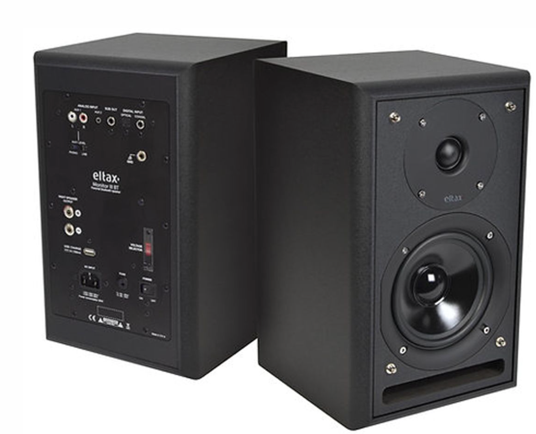 Eltax Monitor III BT Bluetooth HiFi Speaker System in black. Image of pair showing front and back without grille