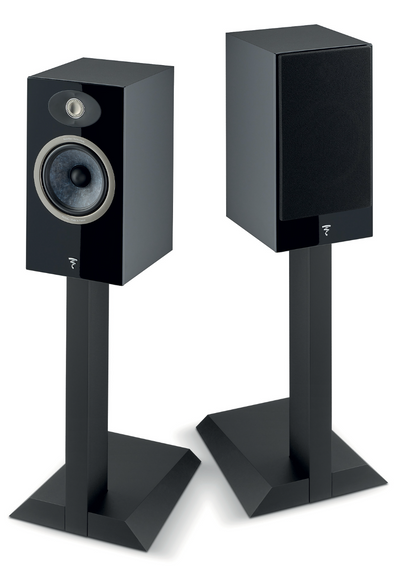 Focal Theva N°1 2-way Bookshelf Speakers in Black.  Pair shown on stands, sold separately, one with, the other without grille