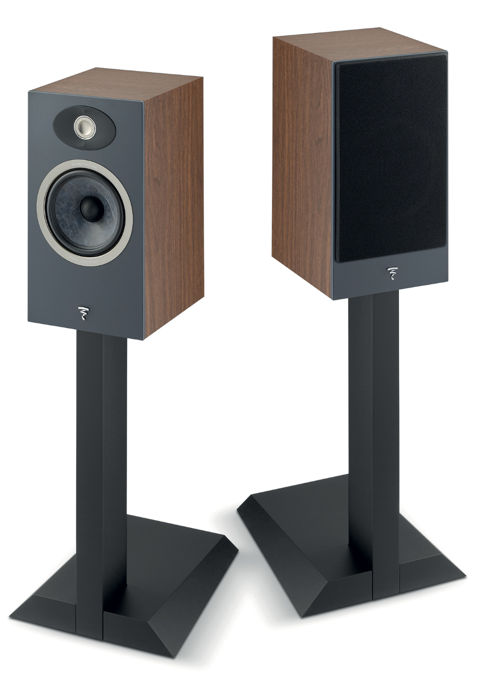 Focal Theva N°1 2-way Bookshelf Speakers in Darkwood.  Pair shown on stands, sold separately, one with, the other without grille