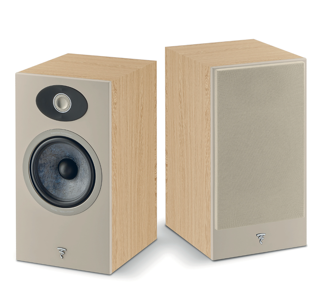 Focal Theva N°1 2-way Bookshelf Speakers (Pair), in lightwood.  One with the other without grille