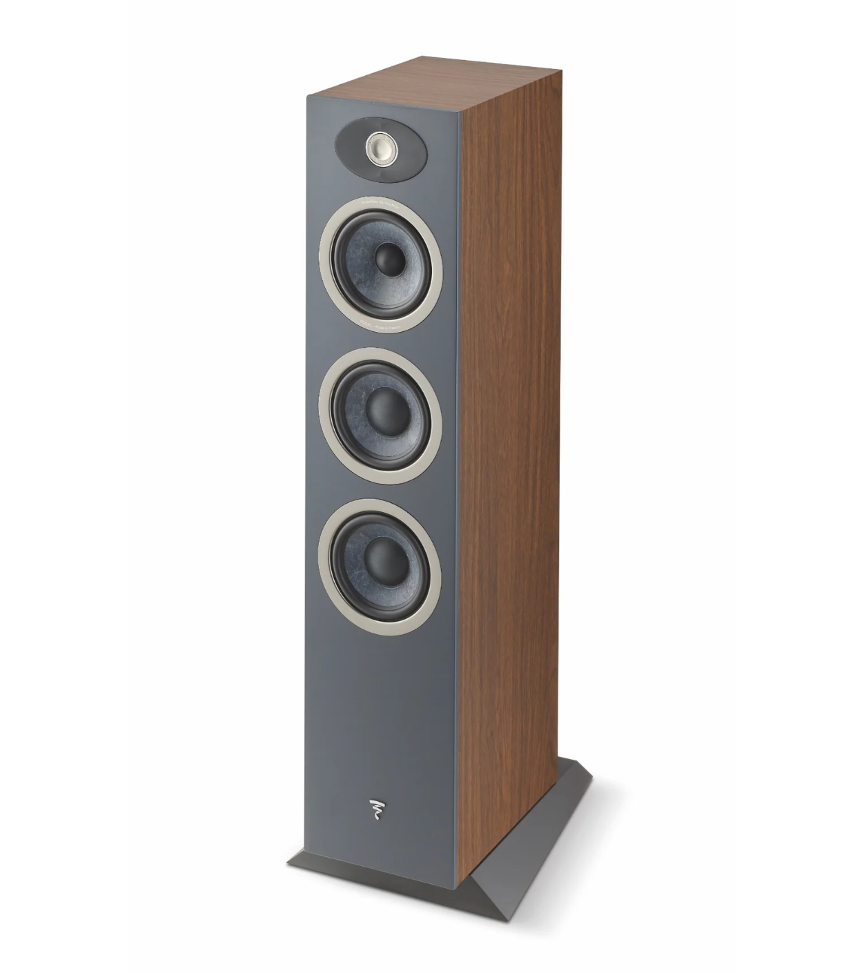 Focal Theva No.2 3-Way Floorstanding Speakers, in dark wood.  Image of individual speaker without grille