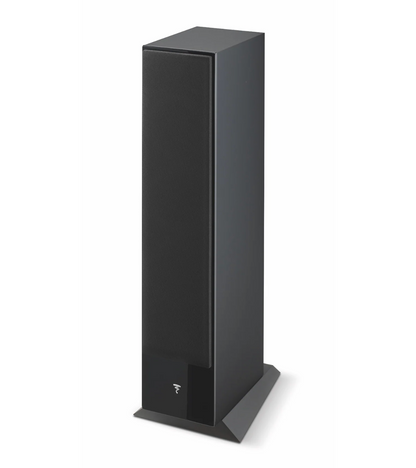 Focal Theva No.2 3-Way Floorstanding Speakers, in high gloss black.  Image of individual speaker with grille