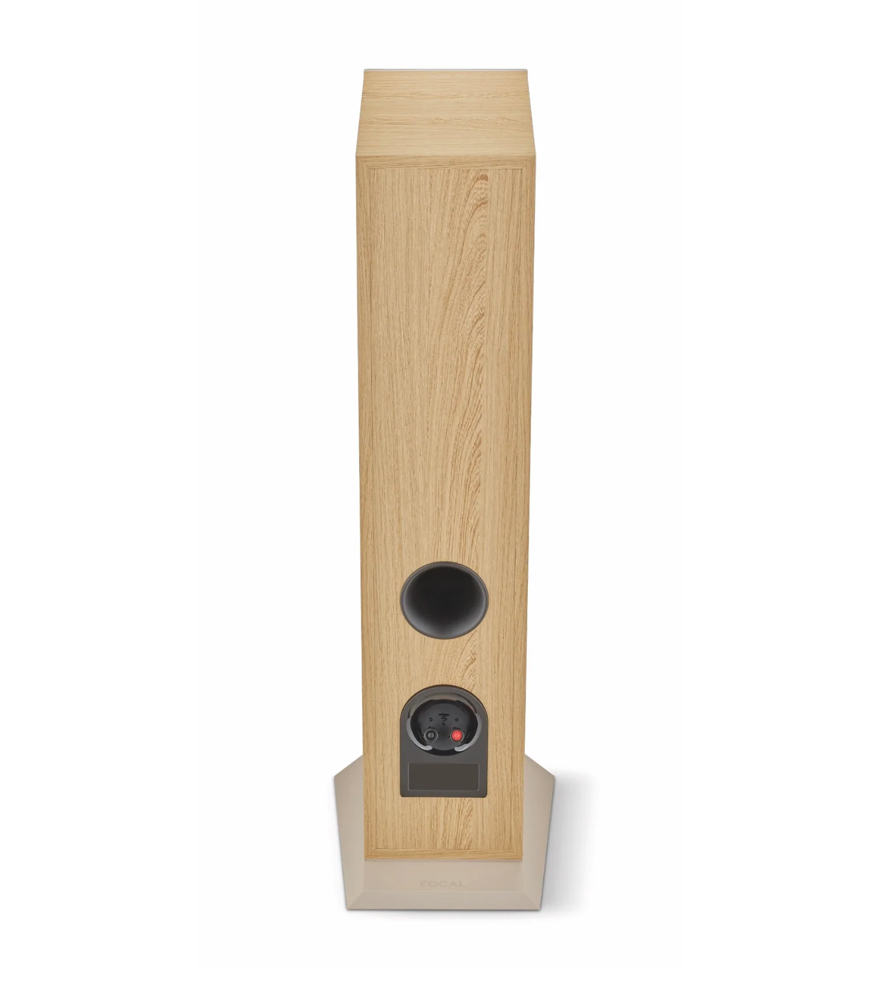 Focal Theva No.2 3-Way Floorstanding Speakers, in light wood.  Image of individual speaker back of unit