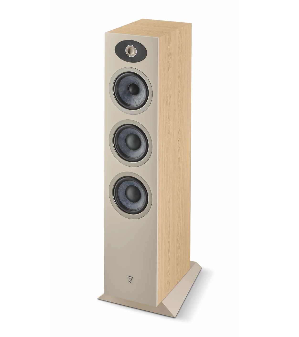 Focal Theva No.2 3-Way Floorstanding Speakers, in light wood.  Image of individual speaker without grille