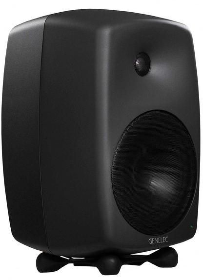 Genelec 8050B Studio Monitors in dark gray.  Angled Image