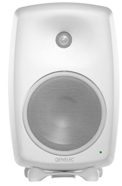 Genelec 8050B Studio Monitors in white.  Front Image