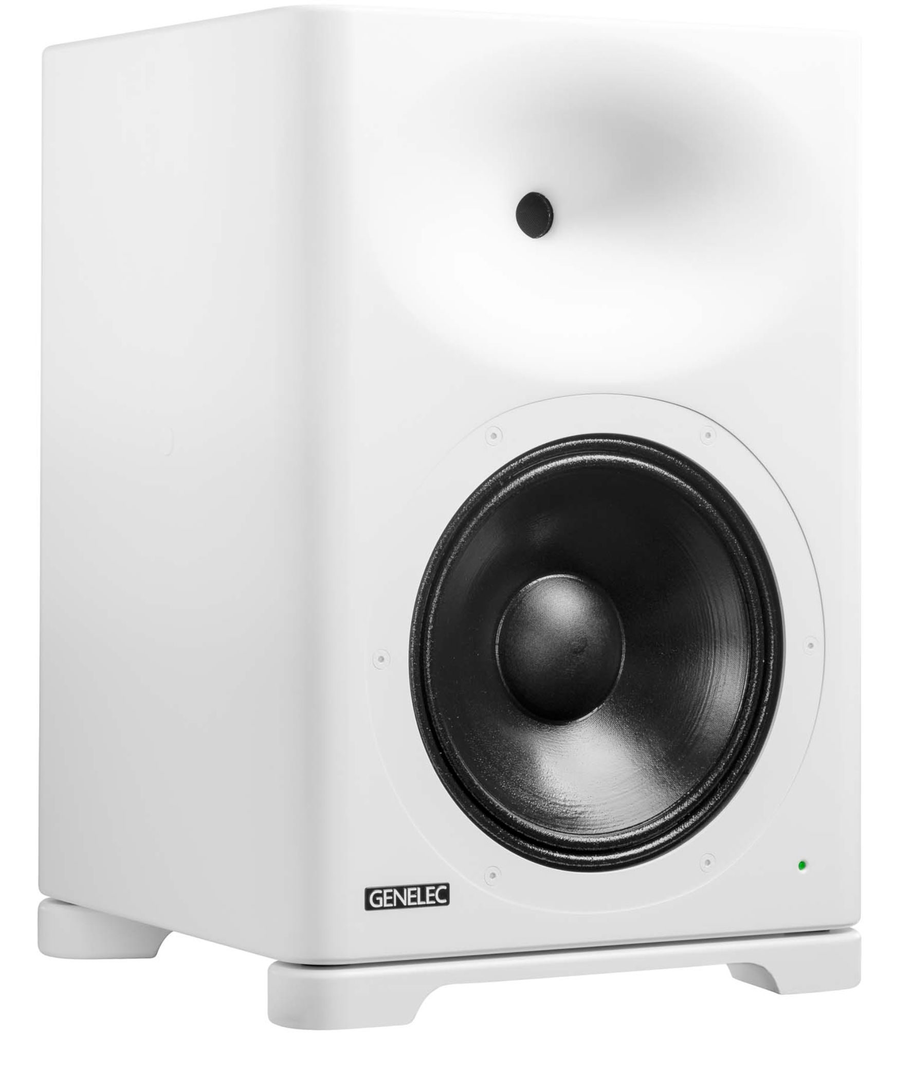 Genelec S360 SAM Active Studio Monitors in white. Angled image