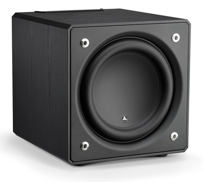 JL Audio E-Sub e112 12-inch Subwoofer in Black Ash. Front of unit, no grille, on an angle