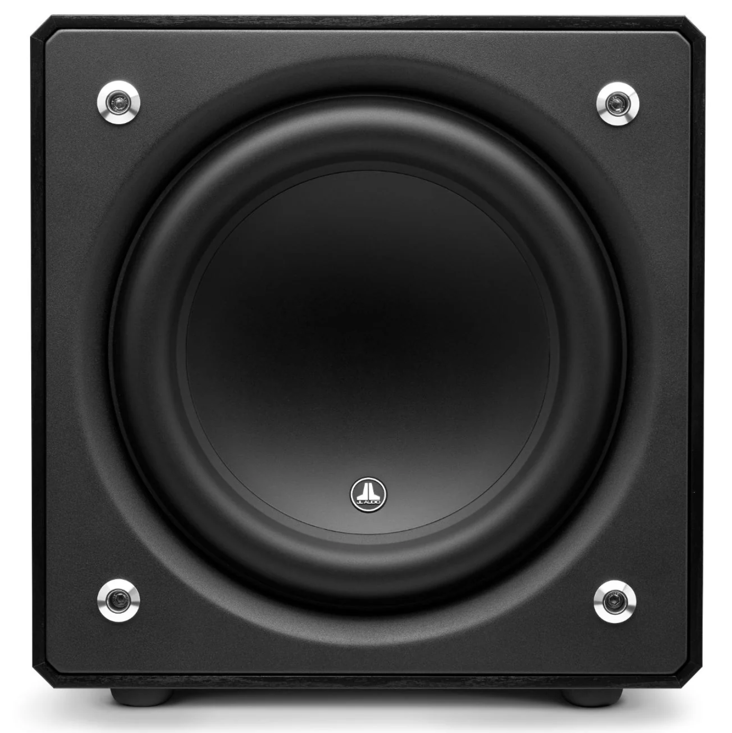 JL Audio E-Sub e112 12-inch Subwoofer in Black Ash. Front of unit, no grille  