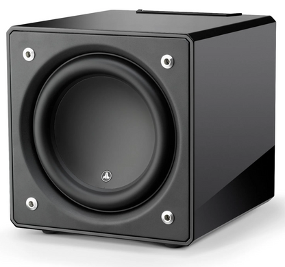 JL Audio E-Sub e112 12-inch Subwoofer in Black Gloss. Front of unit, angled, no grille