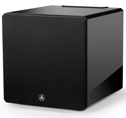 JL Audio E-Sub e112 12-inch Subwoofer in Black Gloss. Front of unit, angled with grille