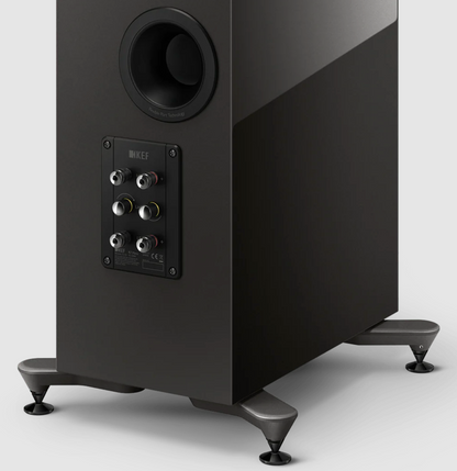 KEF R7 Meta Floorstanding Speakers in Titanium Gloss, special edition. Back of speaker, showing connections