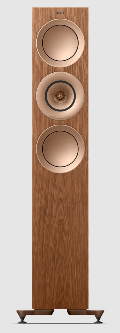 KEF R7 Meta Floorstanding Speakers in Walnut. Single speaker, front