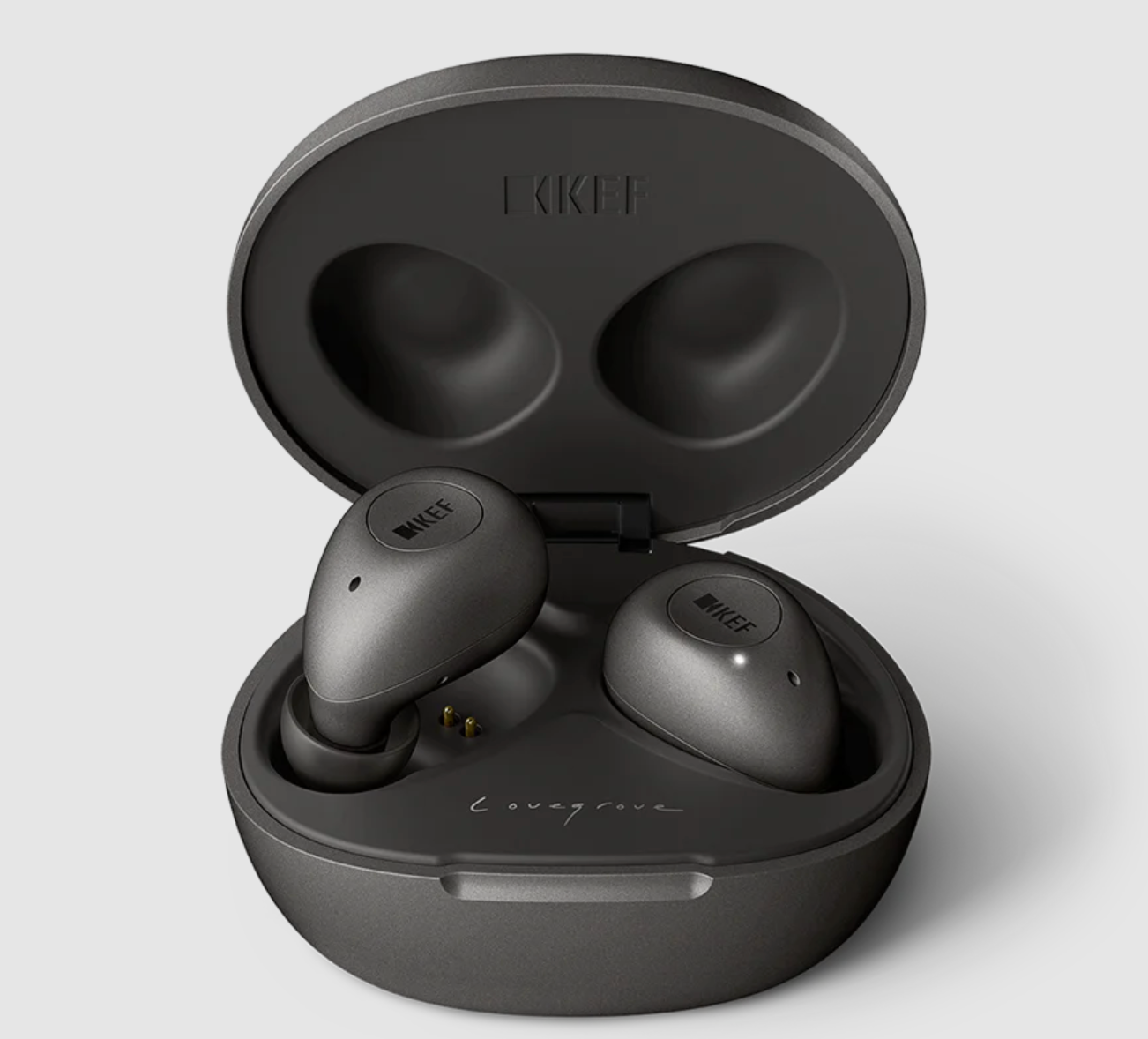 KEF Mu3 Noise Cancelling True Wireless Earbuds in Charcoal Grey, in charging case, popped