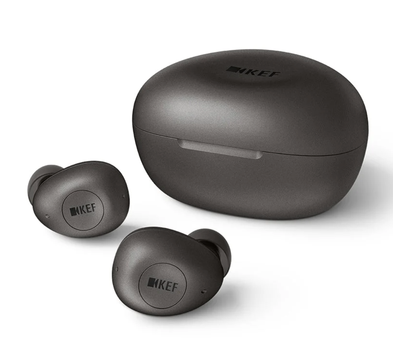 KEF Mu3 Noise Cancelling True Wireless Earbuds in Charcoal Grey, with case