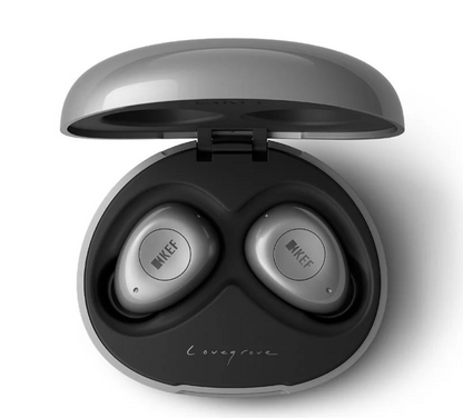 KEF Mu3 Noise Cancelling True Wireless Earbuds in Silver Grey, in case