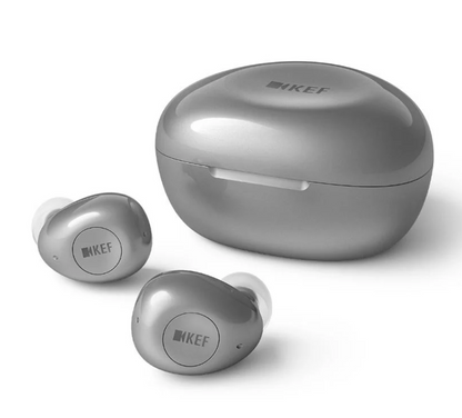 KEF Mu3 Noise Cancelling True Wireless Earbuds in Silver Grey, with case