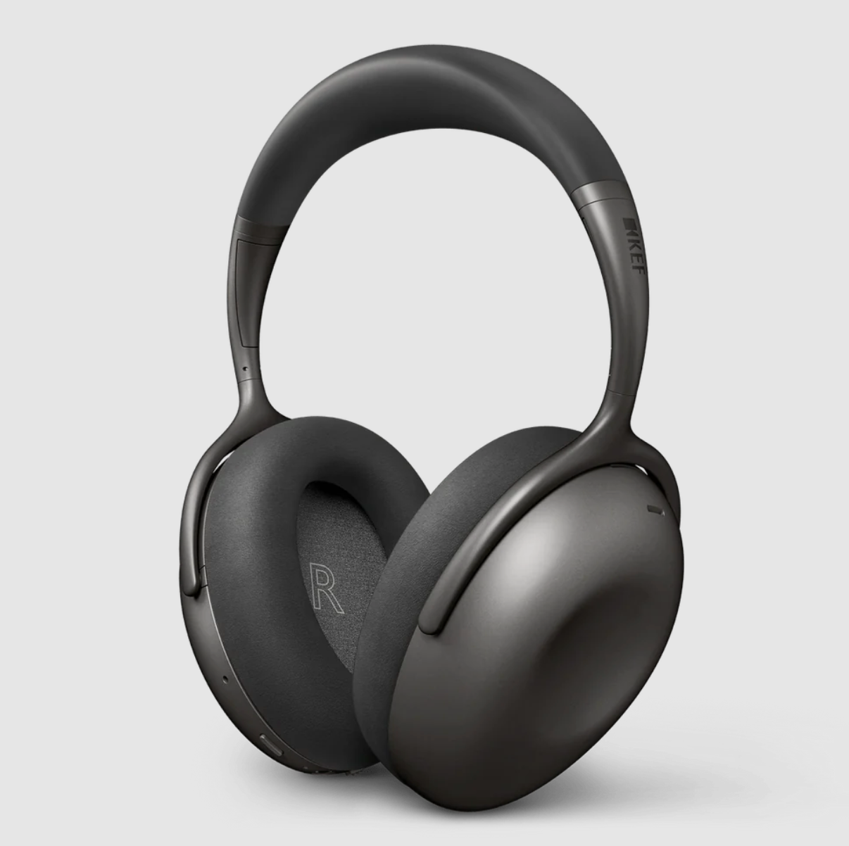 KEF Mu7 Noise Cancelling Wireless Headphones in Charcoal Grey,  angled