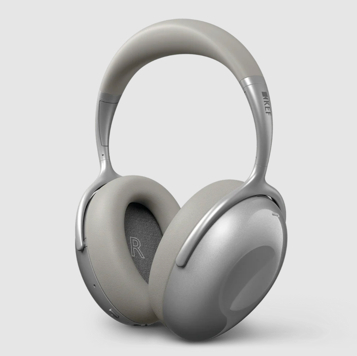 KEF Mu7 Noise Cancelling Wireless Headphones in Silver Grey,  angled