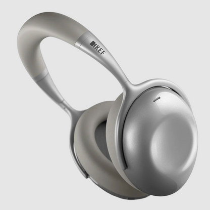 KEF Mu7 Noise Cancelling Wireless Headphones in Silver Grey, angled