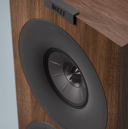 KEF Q Concerto Meta 3-way Bookshelf Speakers.  Closeup in Walnut