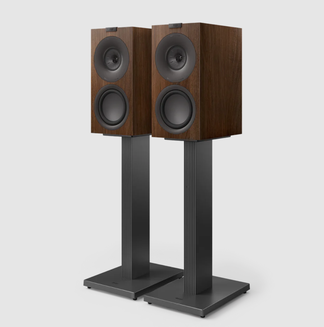 KEF Q Concerto Meta 3-way Bookshelf Speakers.  Pair in Walnut on SQ1 Stands in Slate Grey