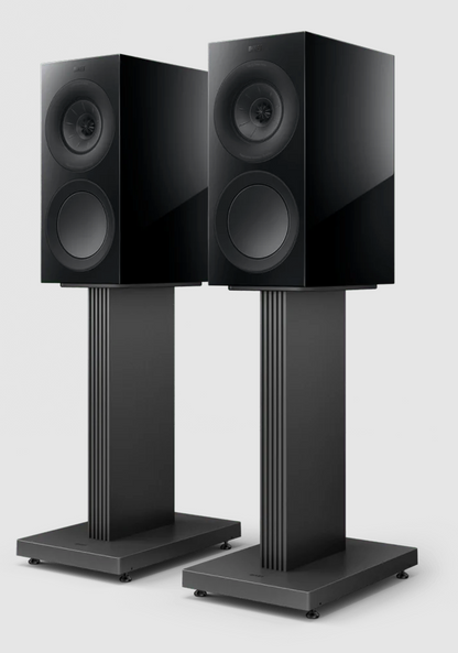 KEF R3 Meta Bookshelf Speakers in Gloss Black, on S3 stands.