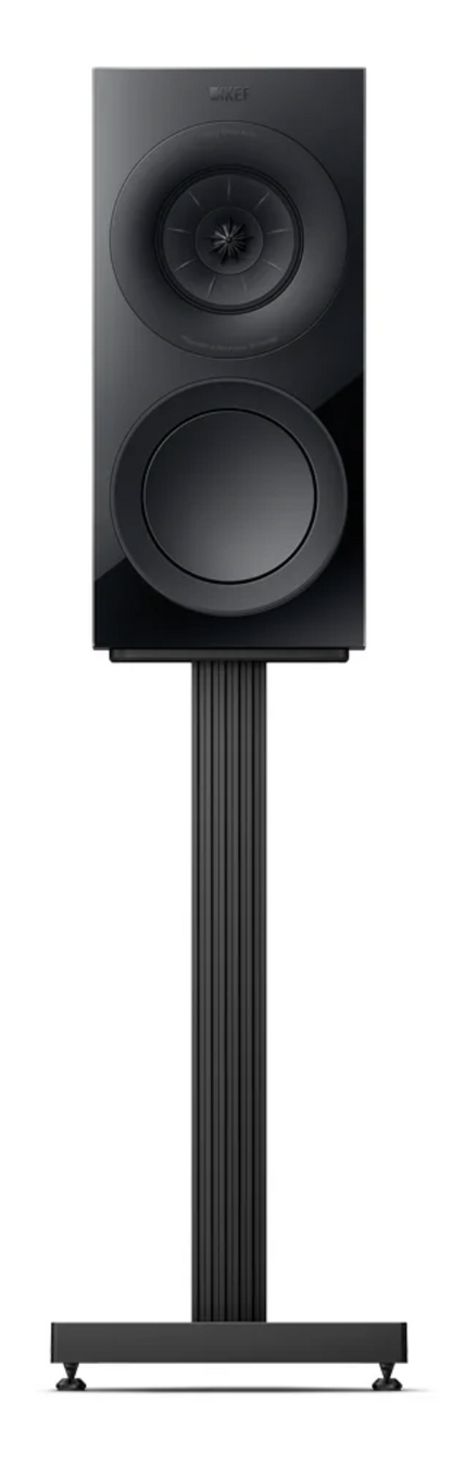 KEF S3 Speaker Stands in Slate Gray shown with KEF R3 Meta Bookshelf Speakers in Gloss Black; individual speaker on stand.