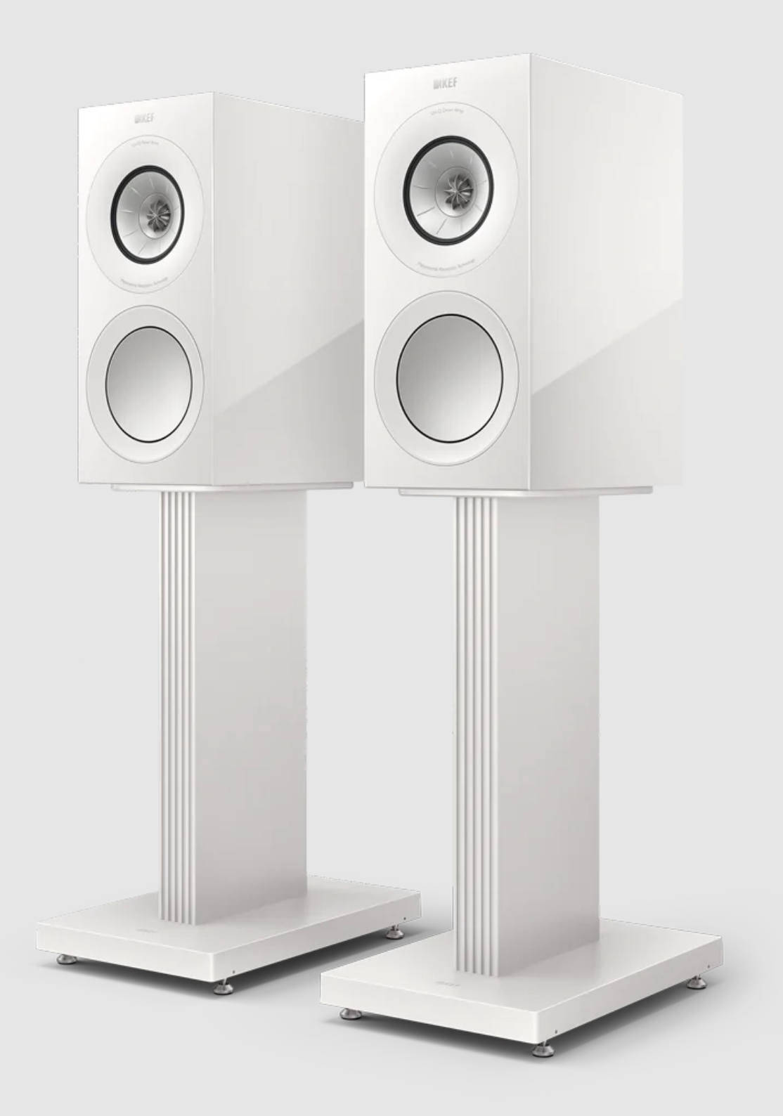 KEF R3 Meta Bookshelf Speakers in Gloss White, on S3 stands. 