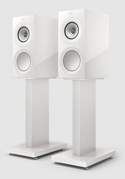 KEF R3 Meta Bookshelf Speakers in Gloss White, on S3 stands. 