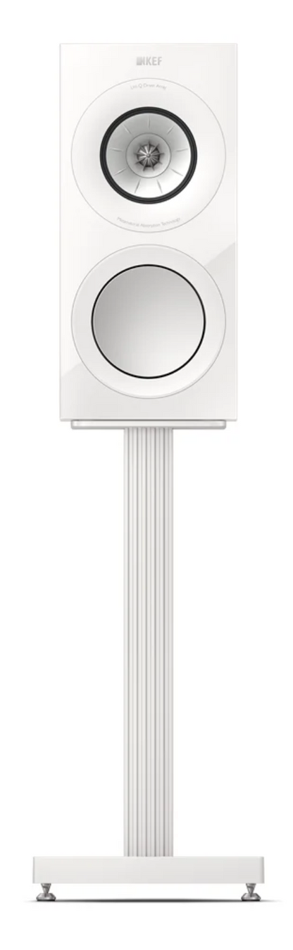 KEF S3 Speaker Stands in Mineral White shown with KEF R3 Meta Bookshelf Speakers in Gloss White; individual speaker on stand.