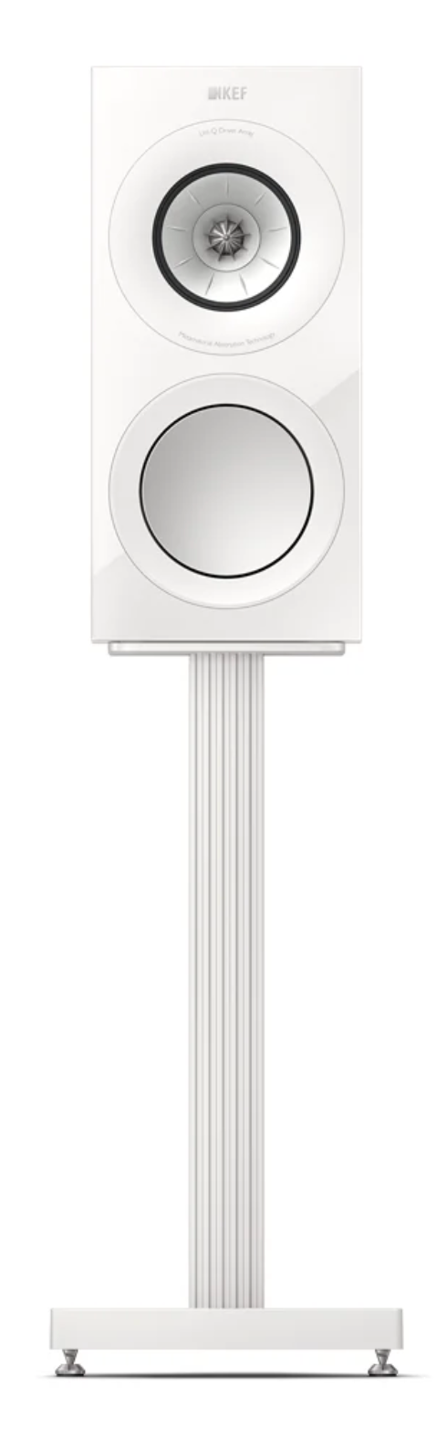 KEF S3 Speaker Stands in Mineral White shown with KEF R3 Meta Bookshelf Speakers in Gloss White; individual speaker on stand.