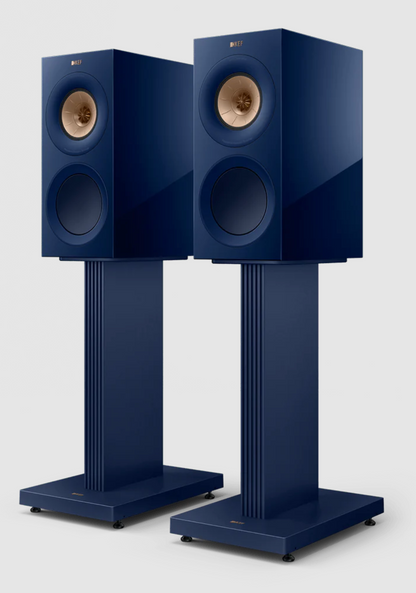 KEF S3 Speaker Stands in Indigo Matt with  R3 Meta Bookshelf Speakers in Indigo Gloss, on stands. Special Edition