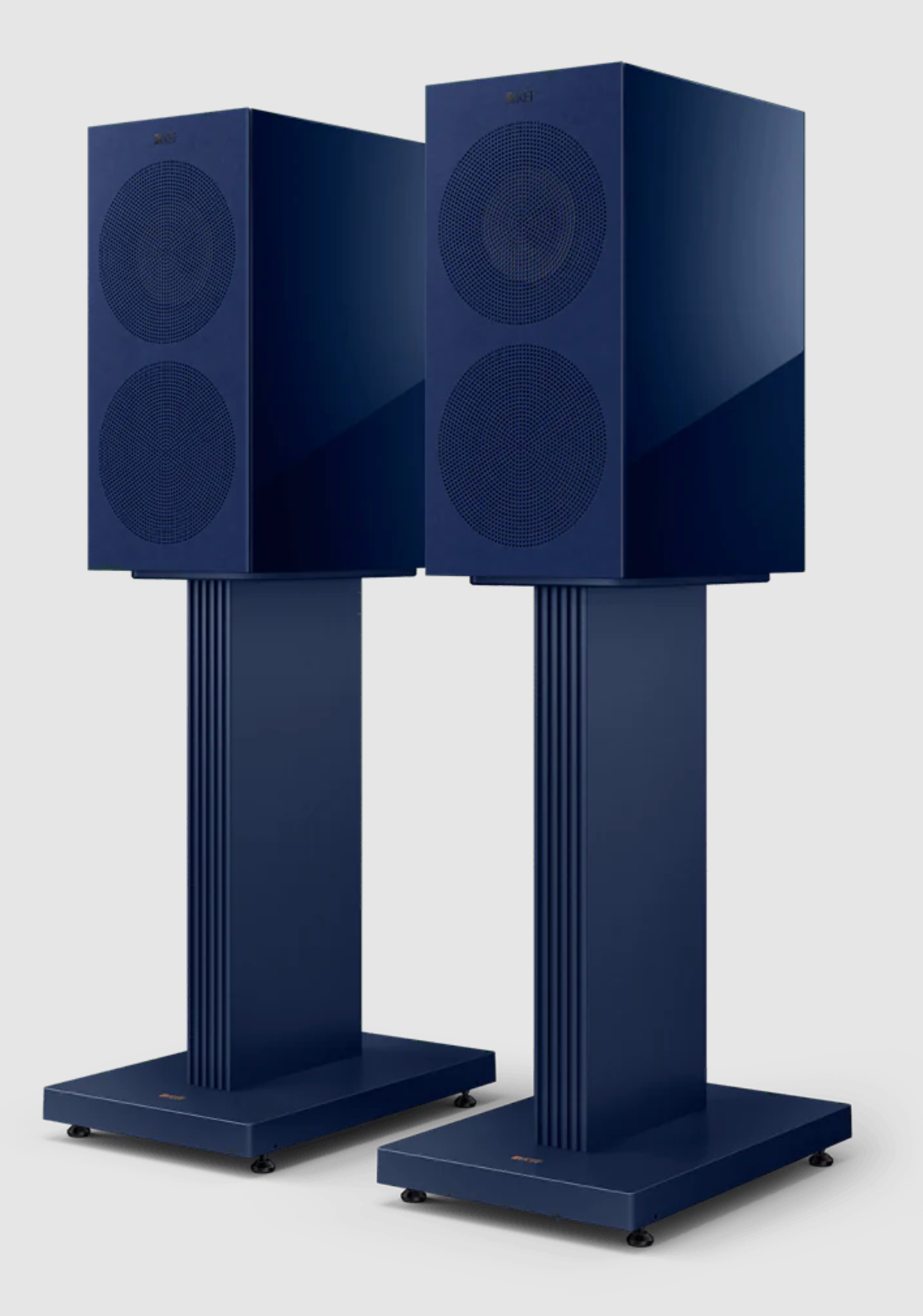 KEF R3 Meta Bookshelf Speakers in Indigo Gloss, on stands with grille. Special Edition